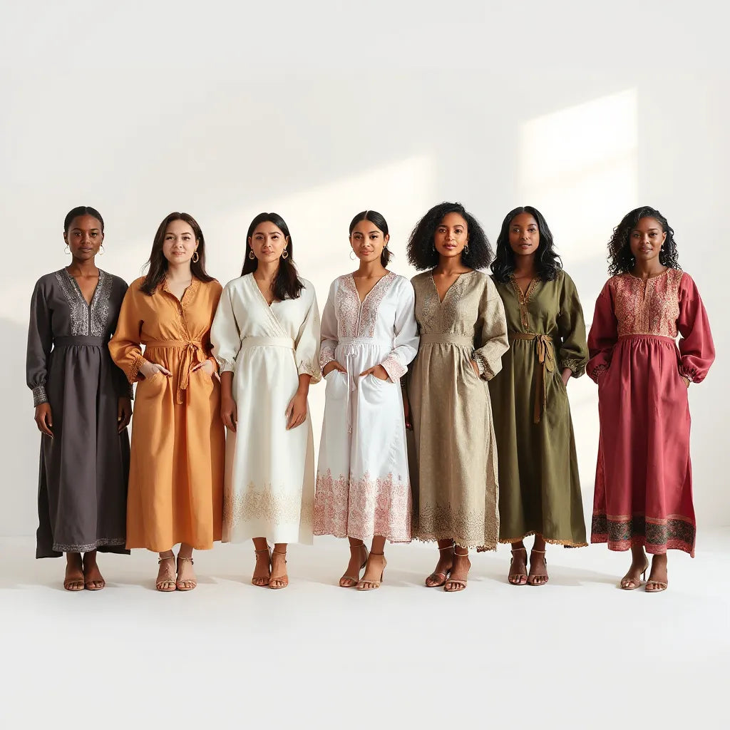 Women wearing elegant cultural dresses with embroidered details in a softly lit studio