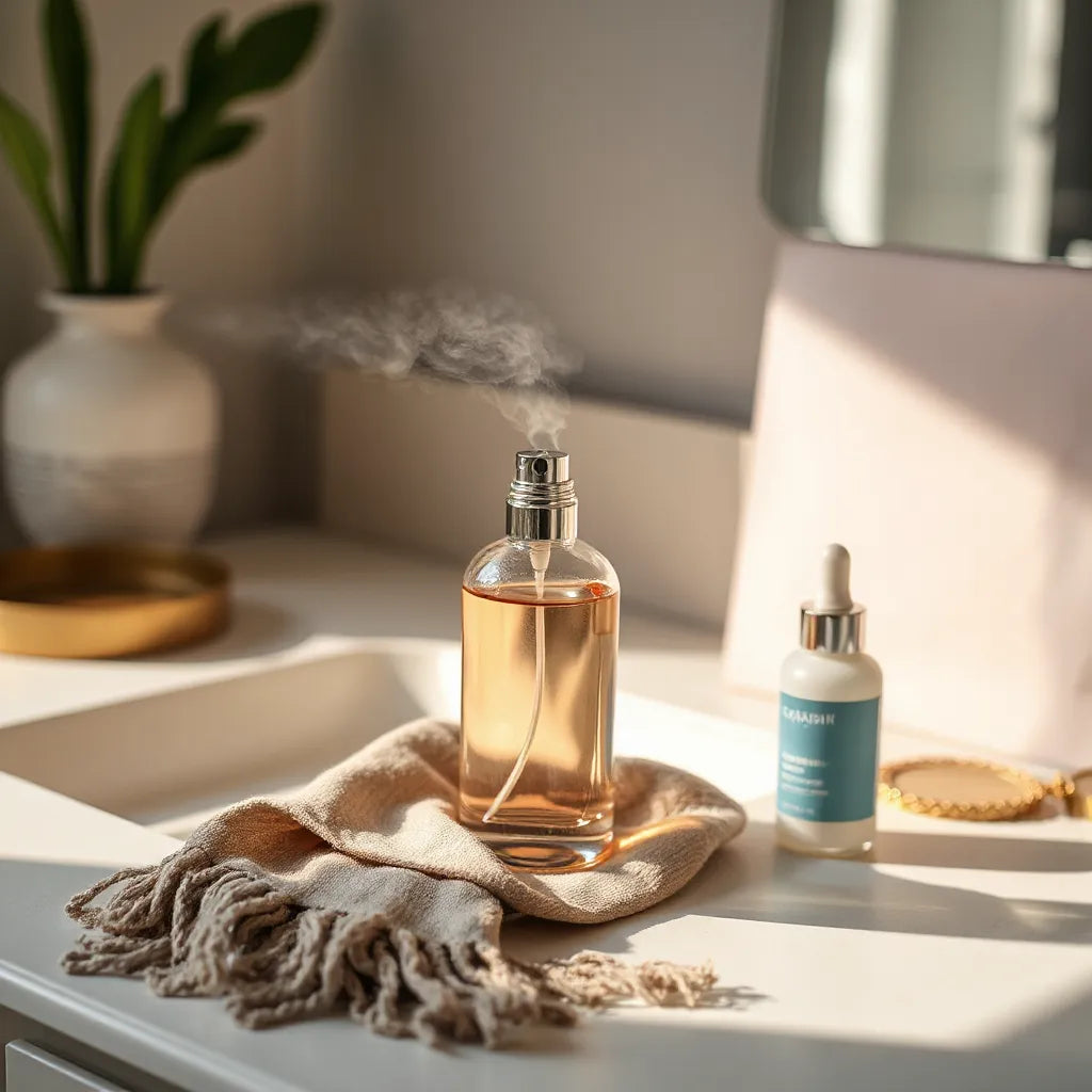 Perfume bottle releasing a soft mist beside a scarf and lotion on a minimal vanity