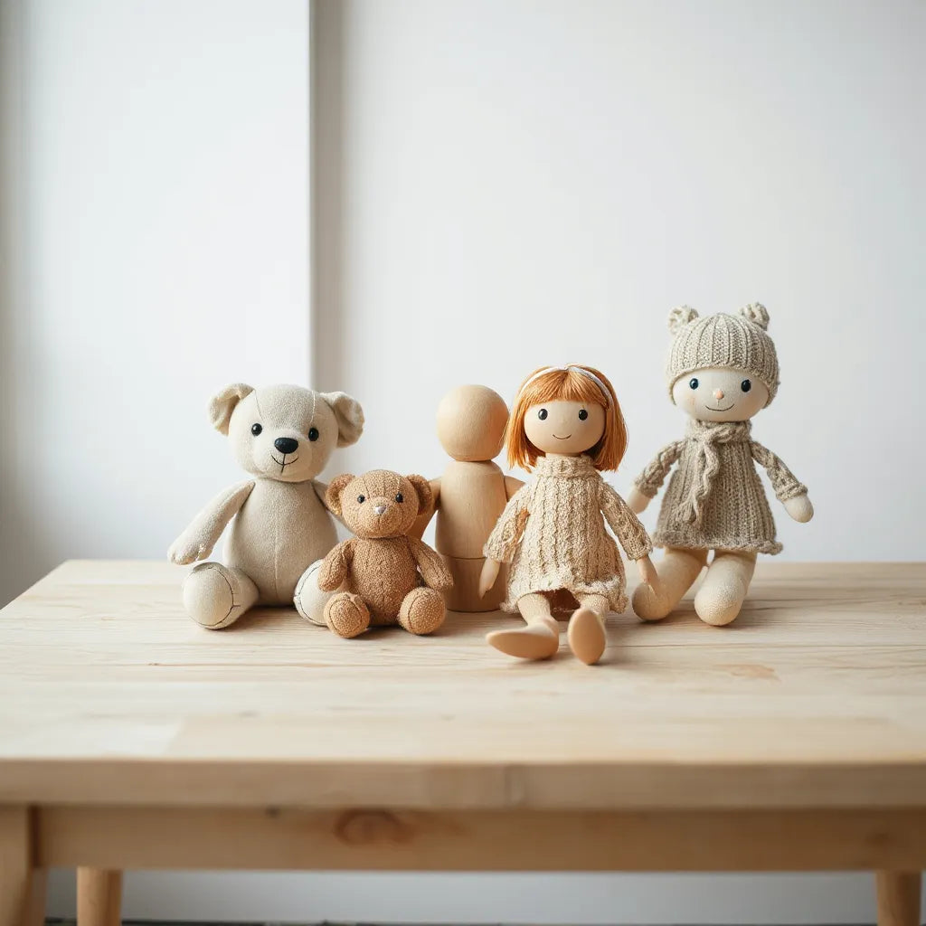Handcrafted plush and wooden toys arranged on a light wood table with soft natural light