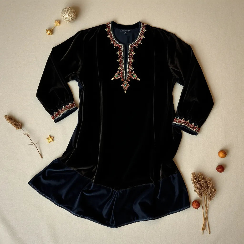 Deep velvet thobe with intricate hand-beading along the neckline and cuffs on a neutral backdrop