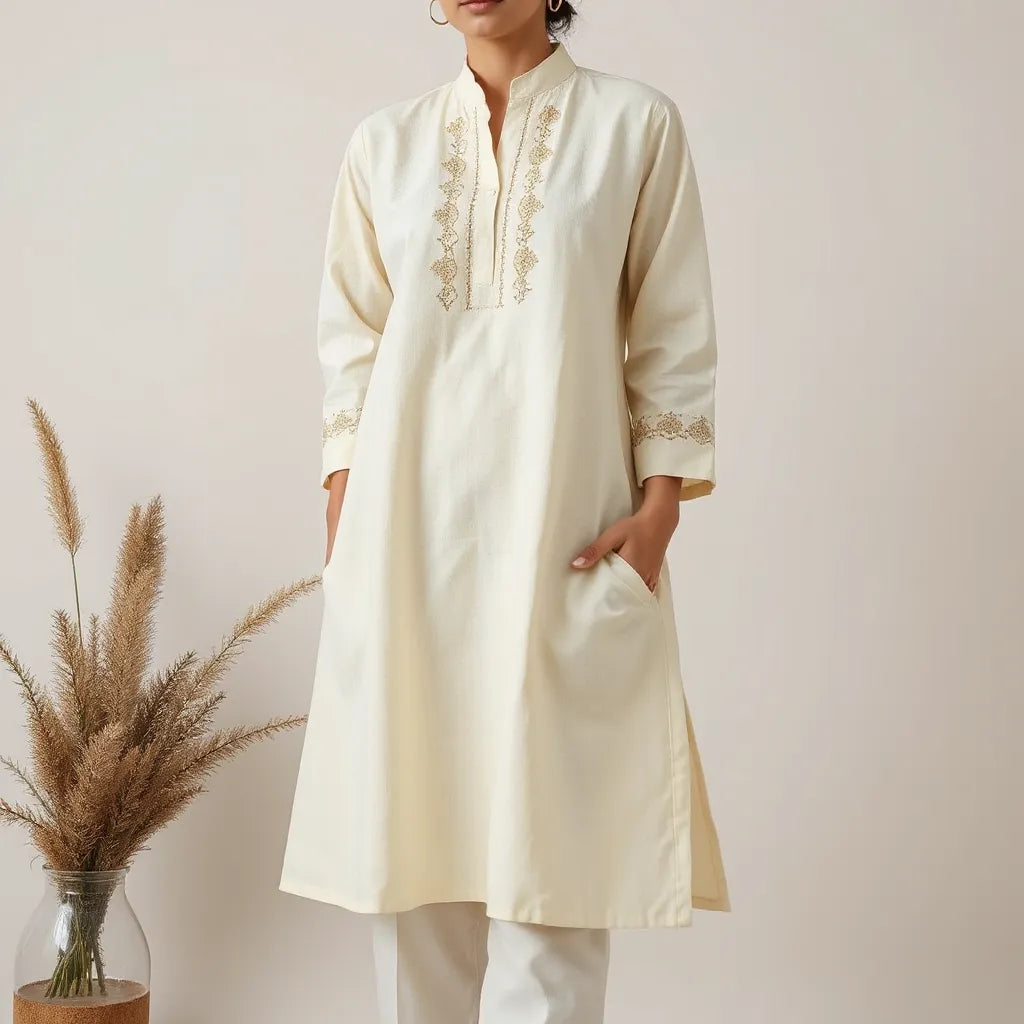 Model in a tailored outfit with subtle embroidered details on neckline and cuffs against a neutral background.