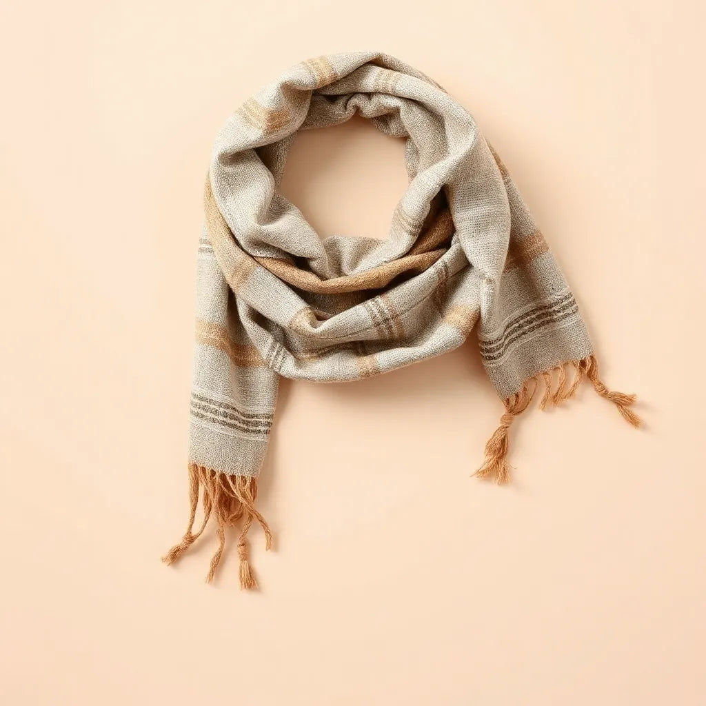 Kuffiyeh scarf draped over a neutral outfit, showing the woven texture and check pattern