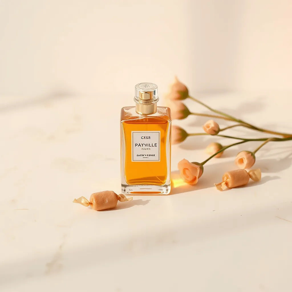 Elegant perfume bottle with warm amber glow and soft candy-like accents on a minimal marble surface