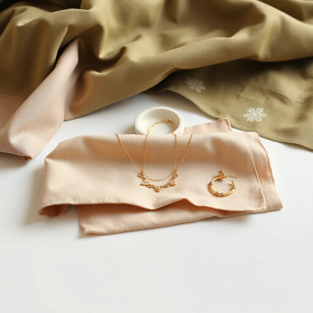 Delicate Palestinian-inspired necklace, earrings, and bracelet arranged on neutral fabric with warm natural light.
