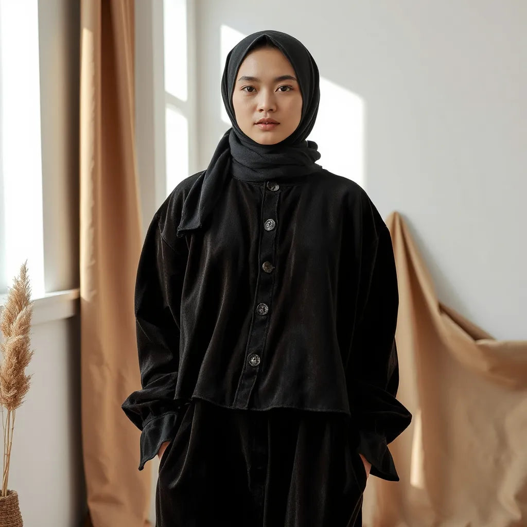 Person wearing a black velvet thobi with subtle embroidery, styled neatly in soft natural light