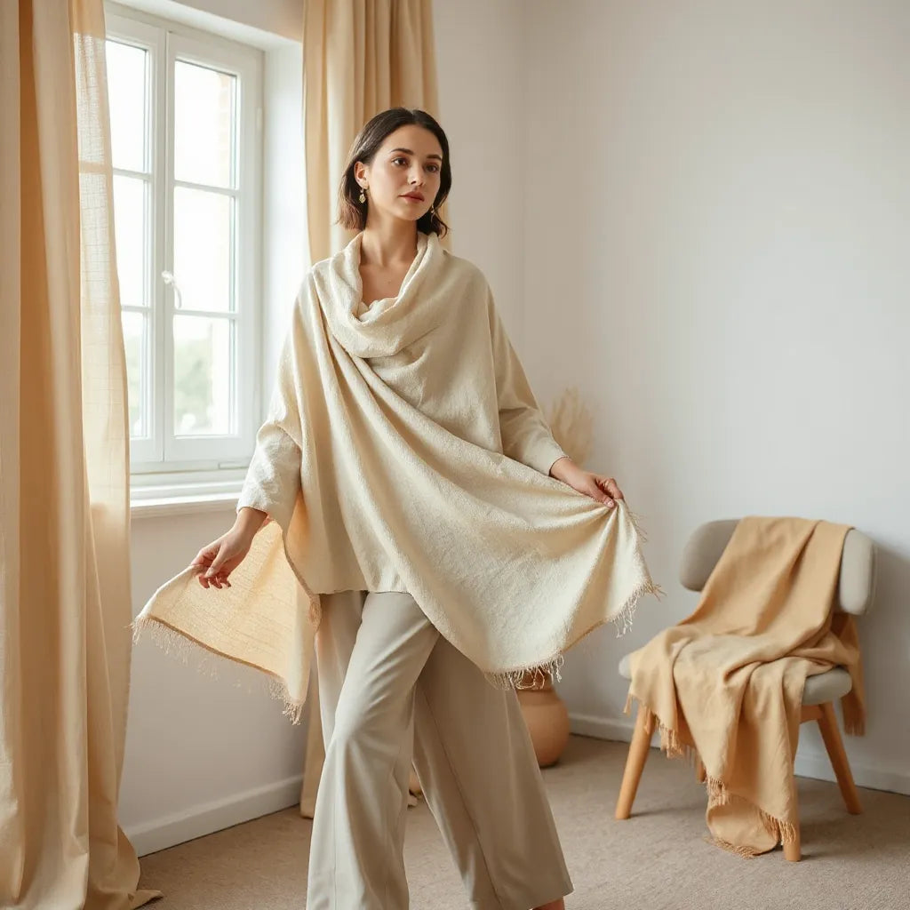 Woman wearing a flowing neutral shawl with a softly draped fabric in a bright, minimal room