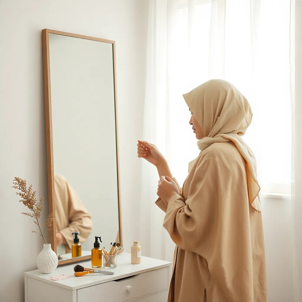 Woman adjusting a neatly wrapped neutral-toned hijab in front of a mirror in soft natural light