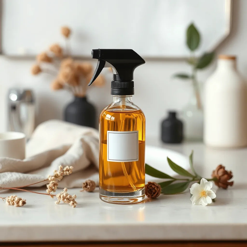 Natural perfume spray bottle with warm lighting and subtle botanical accents on a minimalist vanity