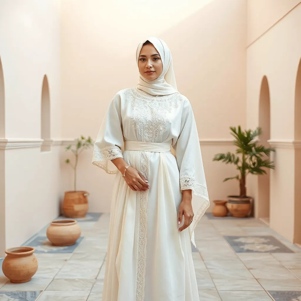 Bride in an ivory embroidered bridal thobe with matching headscarf and delicate jewelry in soft daylight