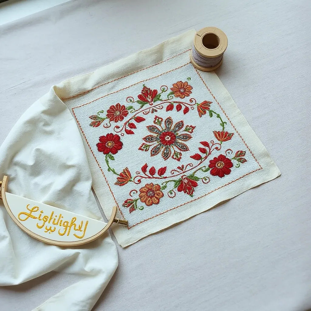 Intricate tatreez embroidery panel with floral and geometric patterns in rich thread colors