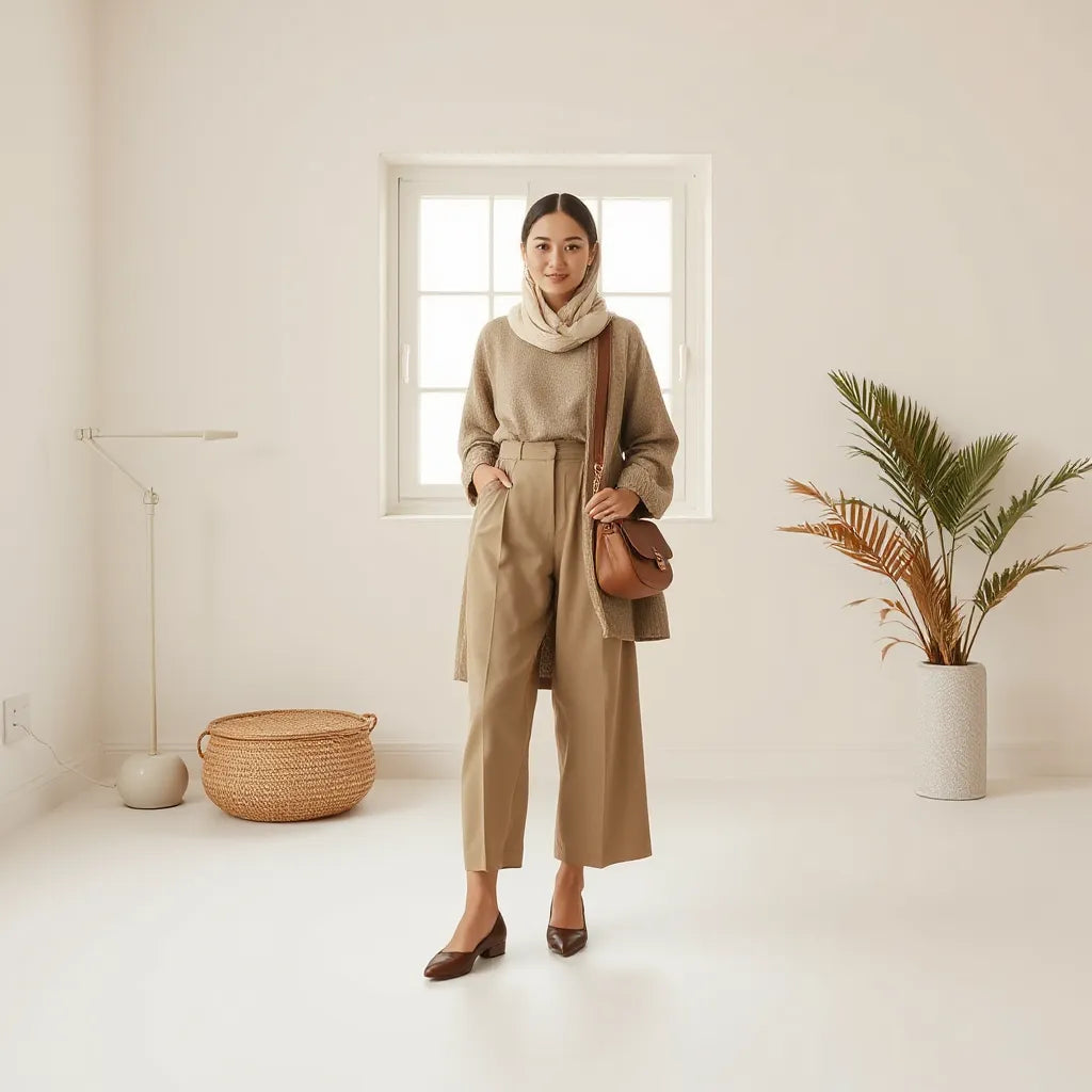Woman in a modern modest outfit with tailored outer layer, flowing skirt, and neutral accessories in soft studio light