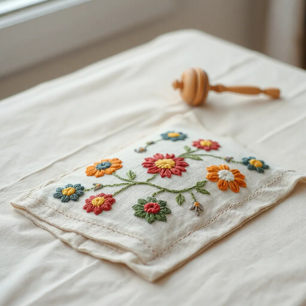 Colorful Palestinian tatreez embroidery with detailed geometric and floral motifs on neutral fabric