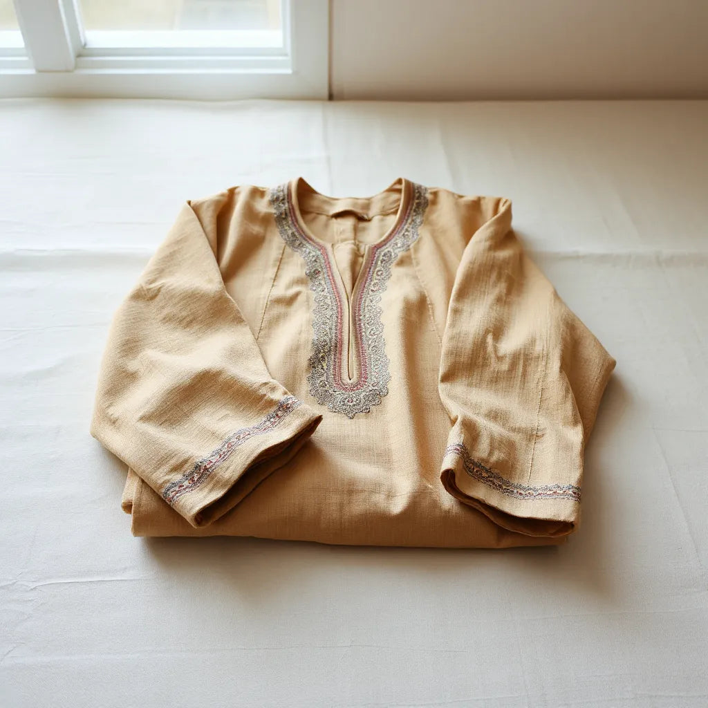 Embroidered heritage thobe folded on light linen with detailed neckline and cuff work visible