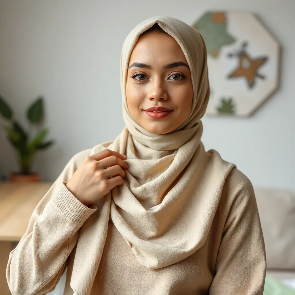 Woman adjusting a lightweight hijab in neutral tones with fabric texture visible in soft natural light