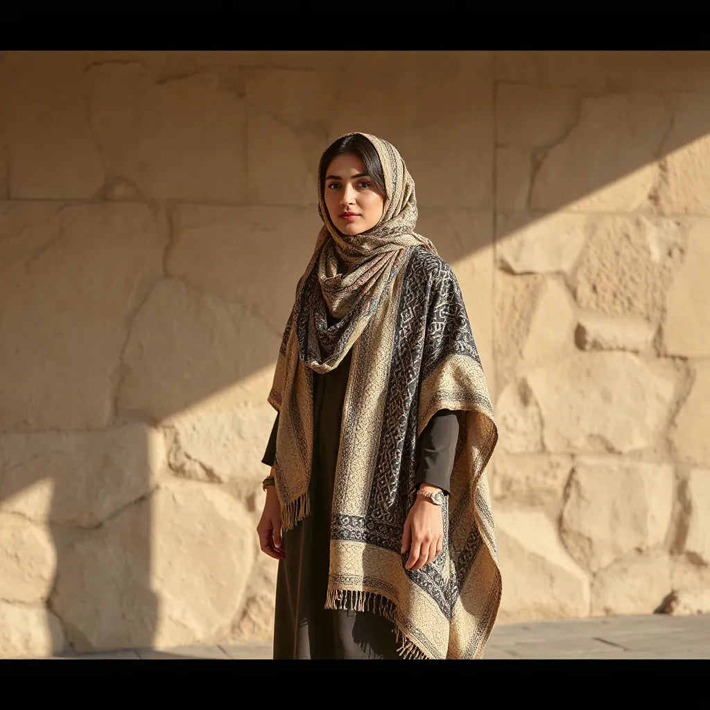 Woman in a modest outfit with embroidered fabric and a keffiyeh-style scarf in warm natural light