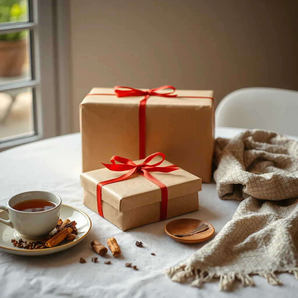 Wrapped gift box with tea, spices, and a textile scarf on a warmly lit table