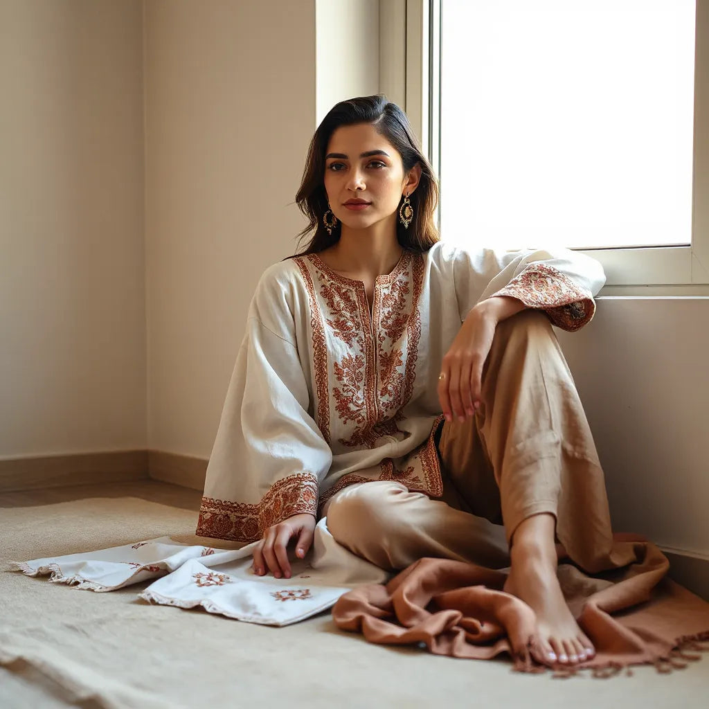 Model wearing an embroidered handmade Palestinian garment with draped sleeves in warm natural light