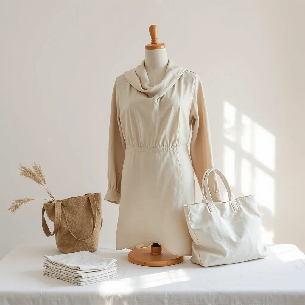Neutral-toned sustainable fabric outfit draped on a minimalist mannequin with folded fabric swatches nearby