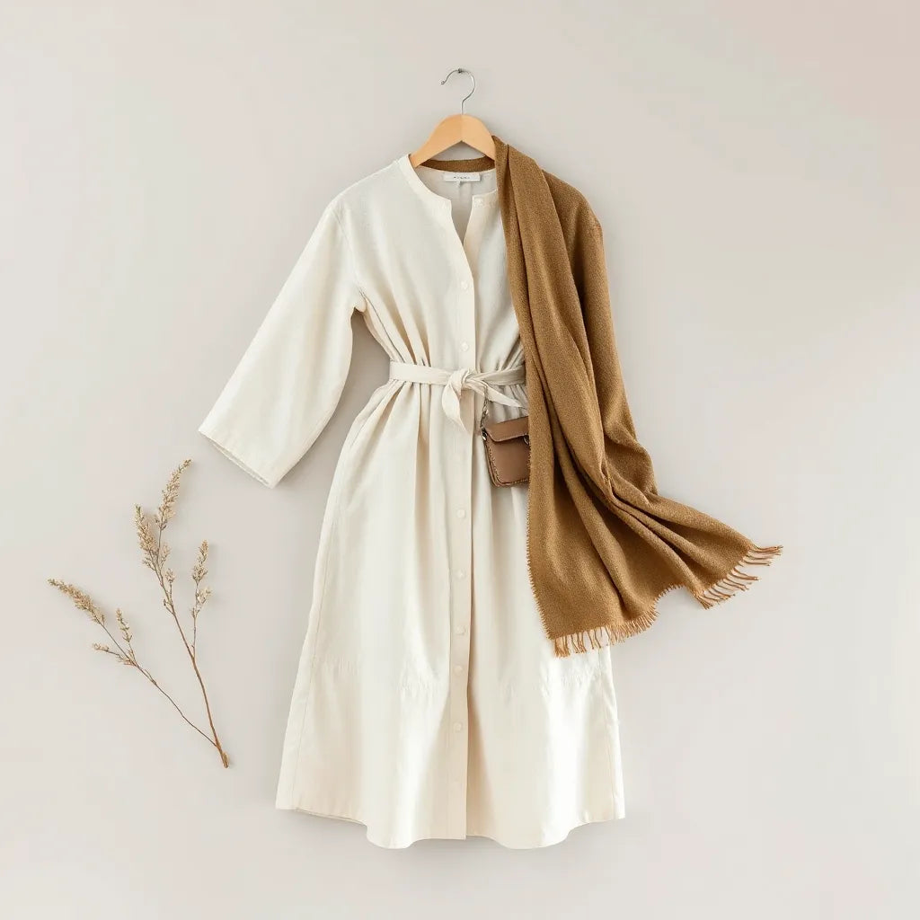 Neatly styled modest long tunic and skirt outfit with a draped scarf on a neutral studio background