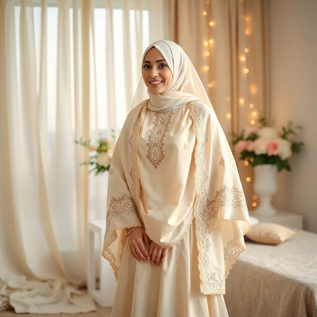 Woman wearing an embroidered Palestinian thob styled for a wedding with warm drapery and soft floral decor behind her
