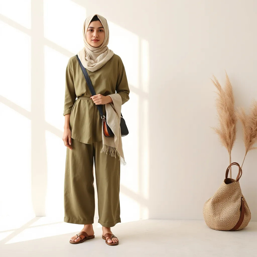 Modest casual outfit on a woman with a lightweight headscarf and relaxed tunic and trousers in neutral tones