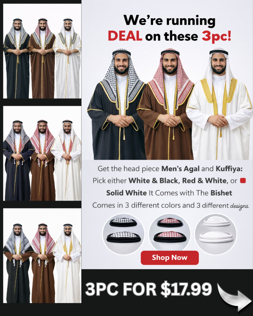 Three men wearing traditional Palestinian bisht robes and kufiya headscarves in black, brown, and white, promoting a 3-piece men's agal and kufiya set deal.