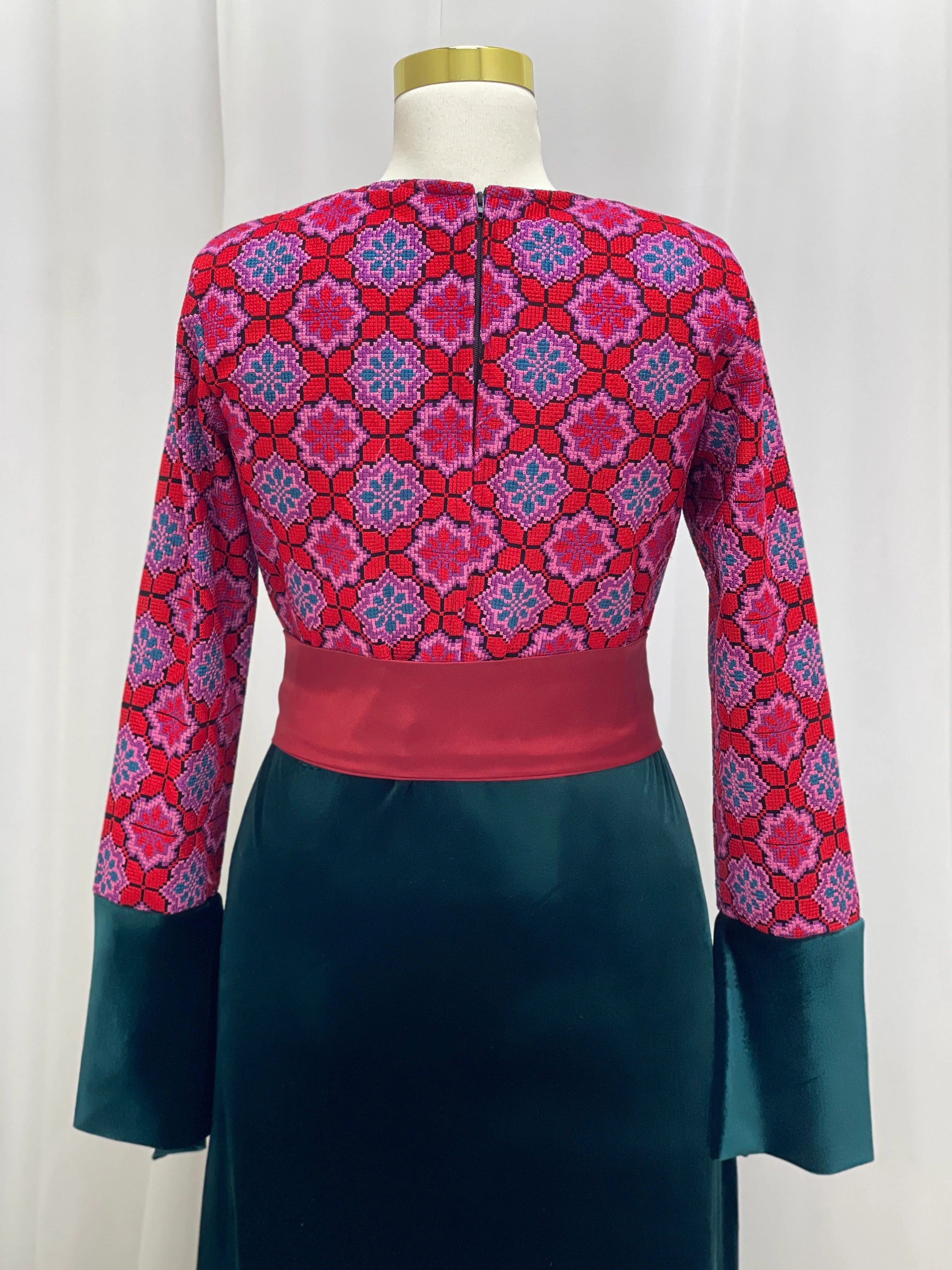 Embroidered Velvet Maxi Dress with Satin Belt