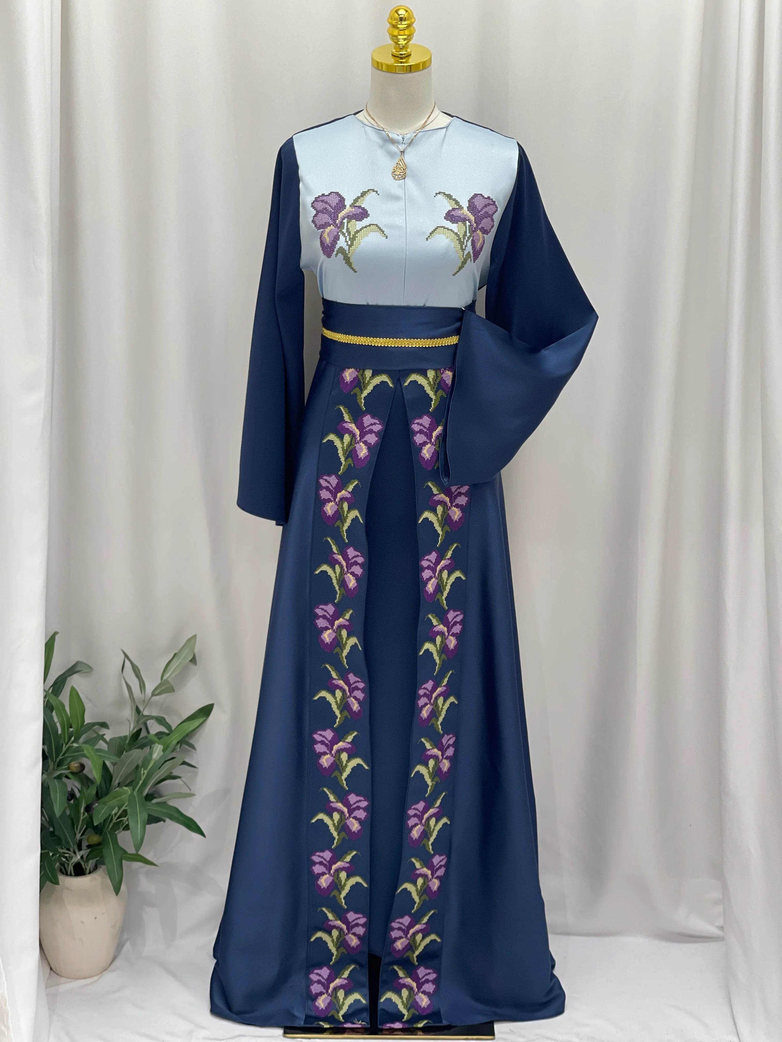 Violet Bloom Embroidered Caftan - Palestinian Elegance