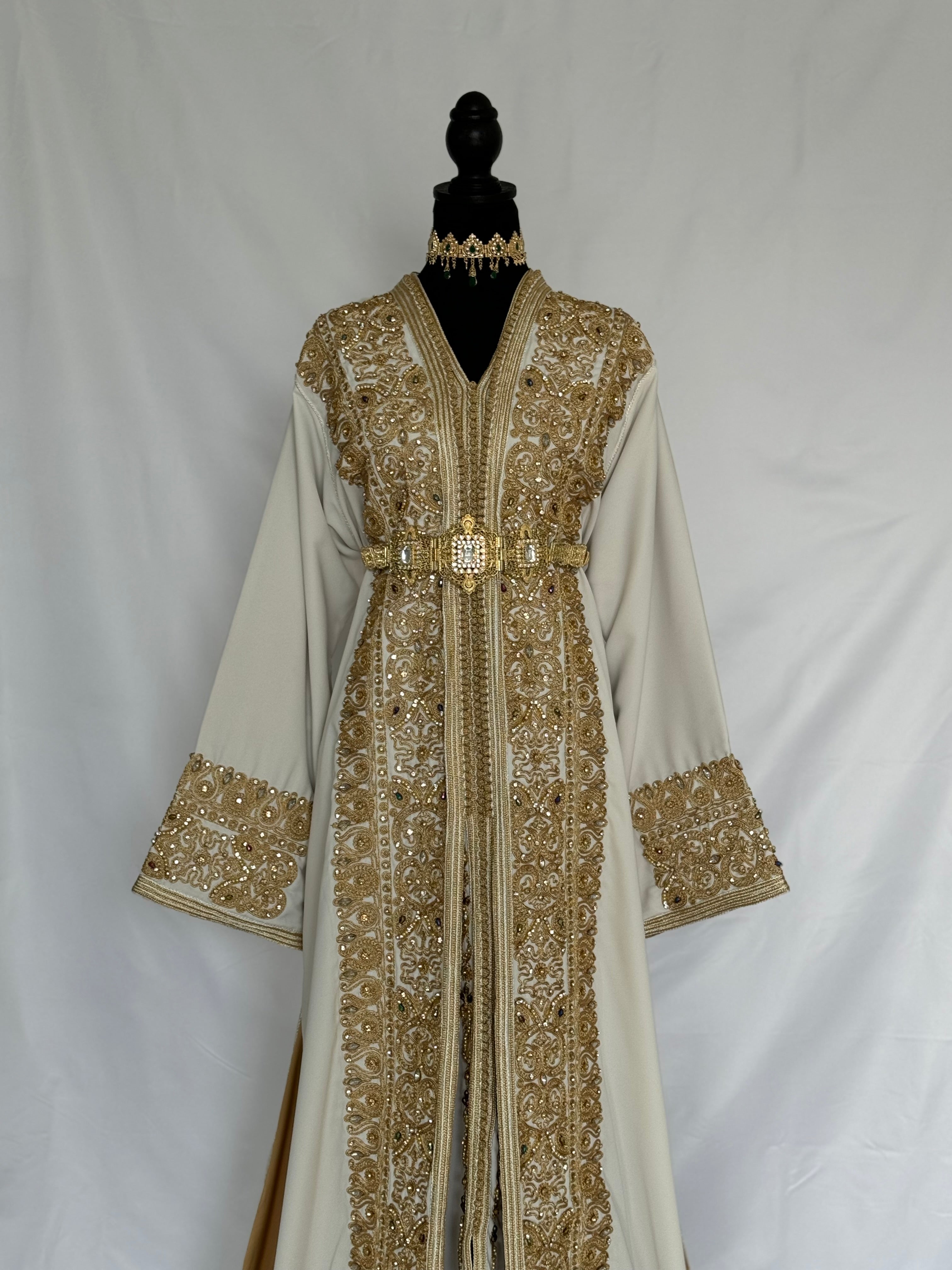 Handmade Silk Crepe Moroccan Kaftan: Gold Thread Embroidery, Belted Takchita