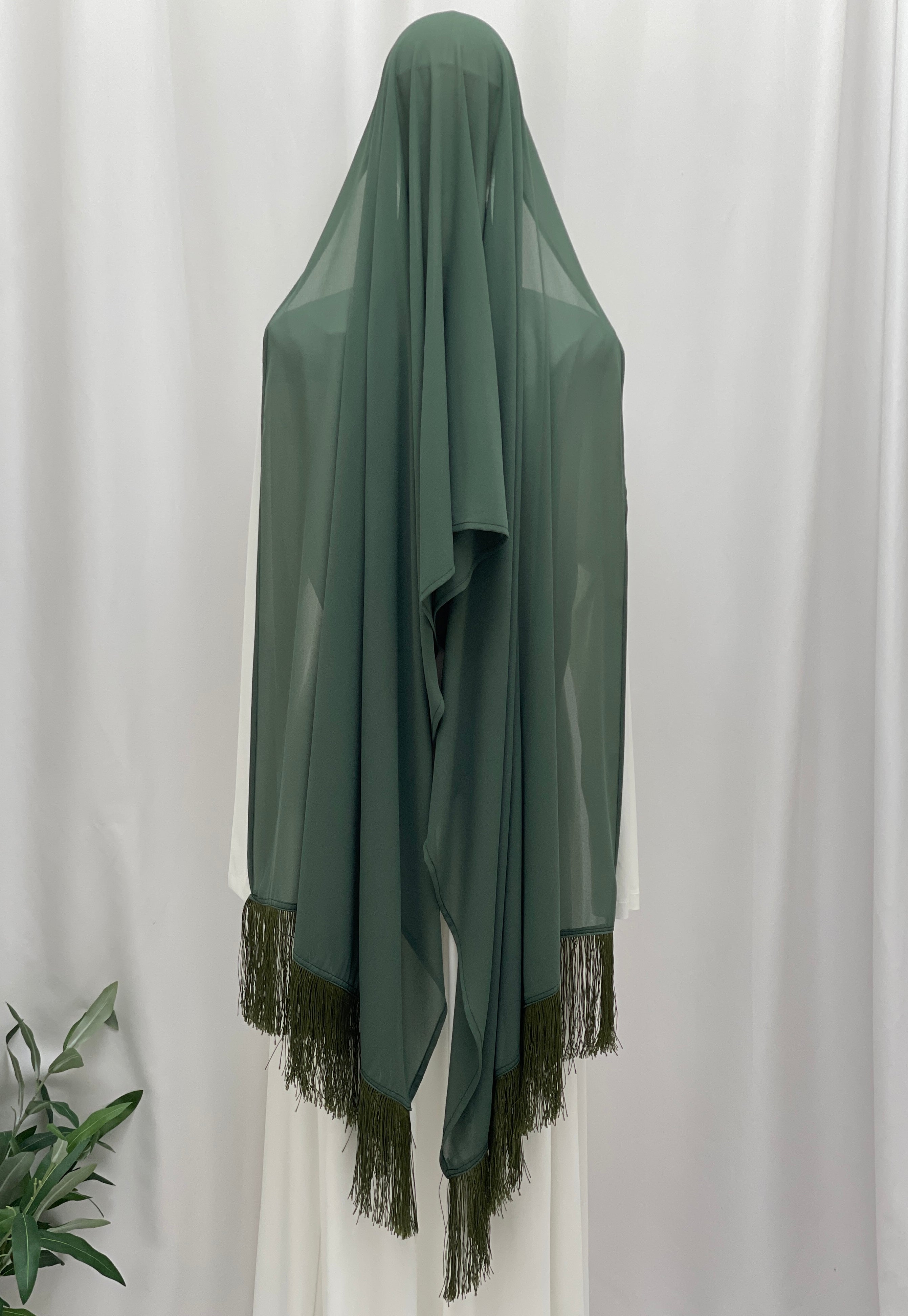 Sheer Olive Green Khirka with Tassel Edging