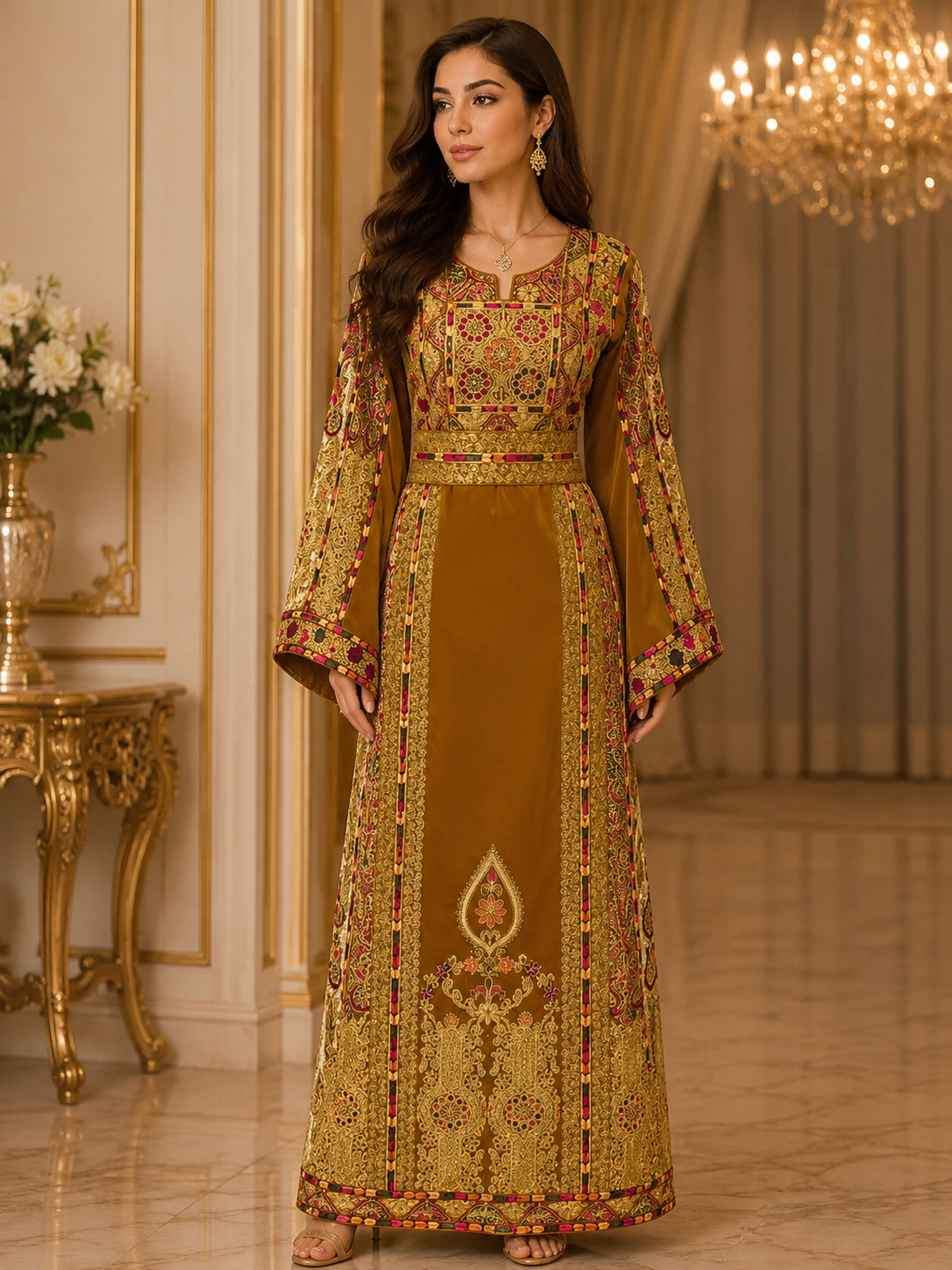 Mustard Brown Velvet Traditional Malaka Embroidered Thoub