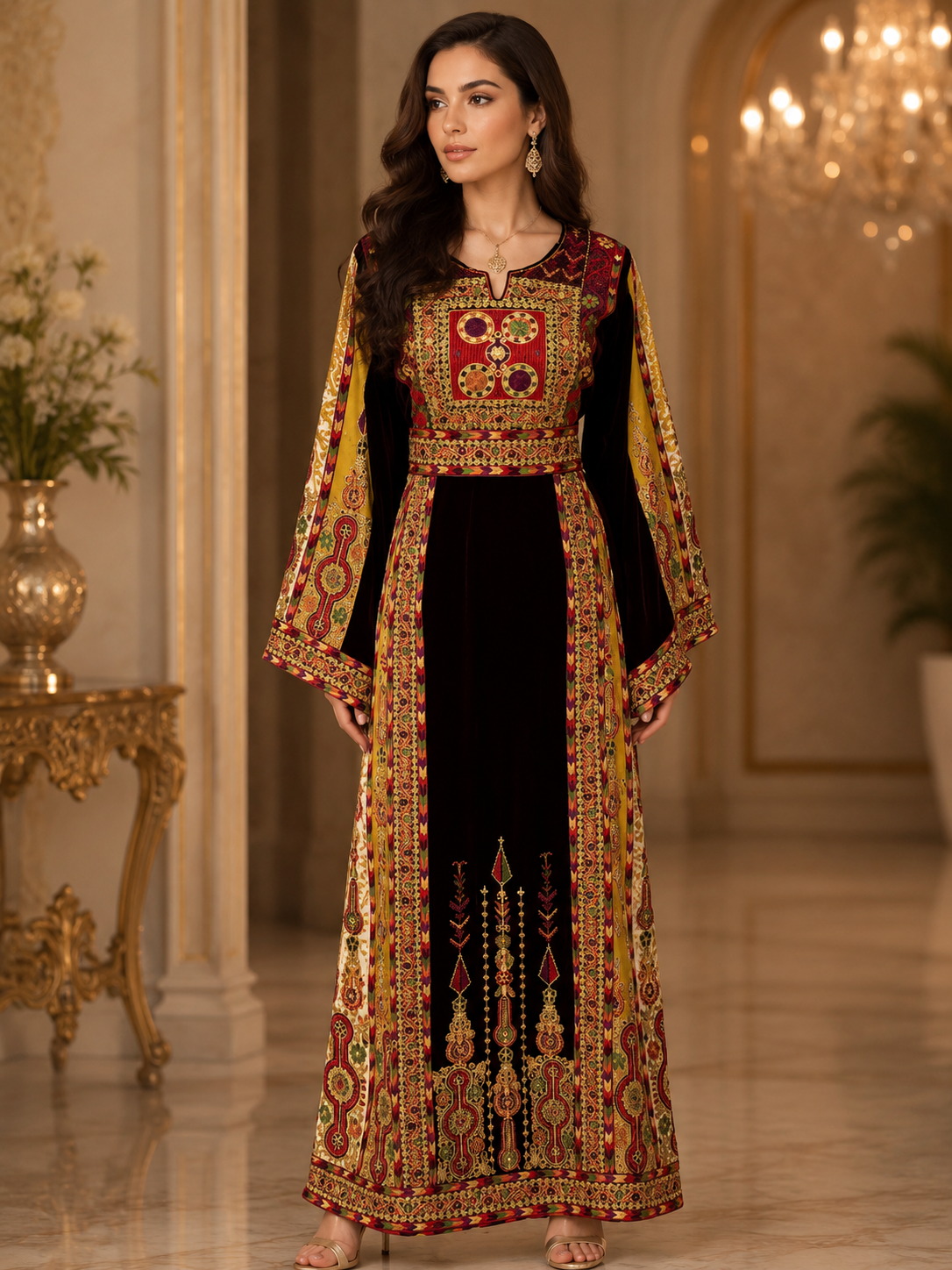 Deep Burgundy Palestinian Embroidered Velvet Malaka Thoub