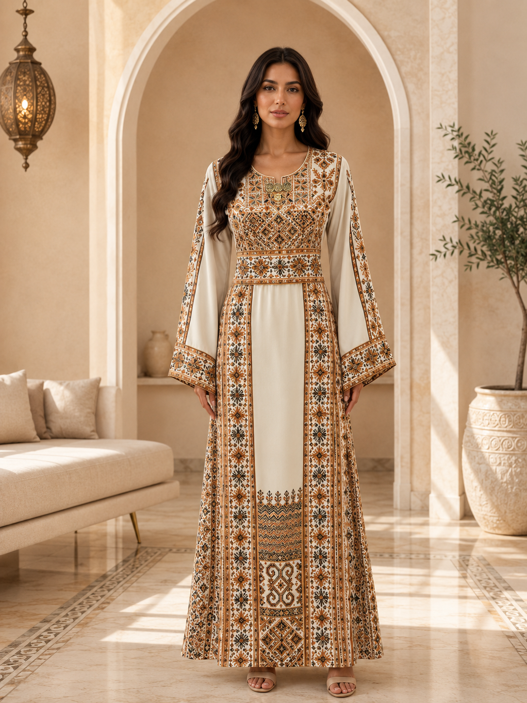 Palestinian Elegance Embroidered Palestine Traditional Beige Thobe