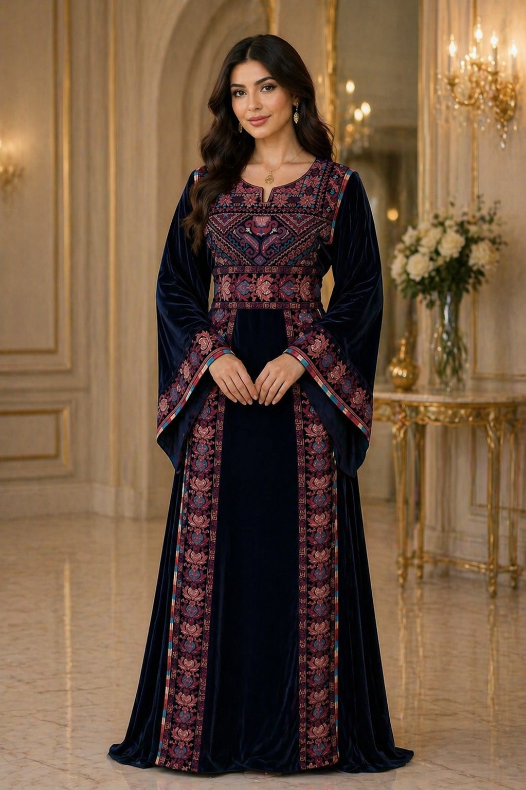 Palestine Embroidered  Navy Velvet Thobe