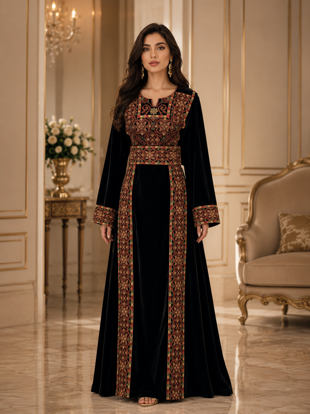 High Quality Greeb Embroidered Velvet Traditional Thoub