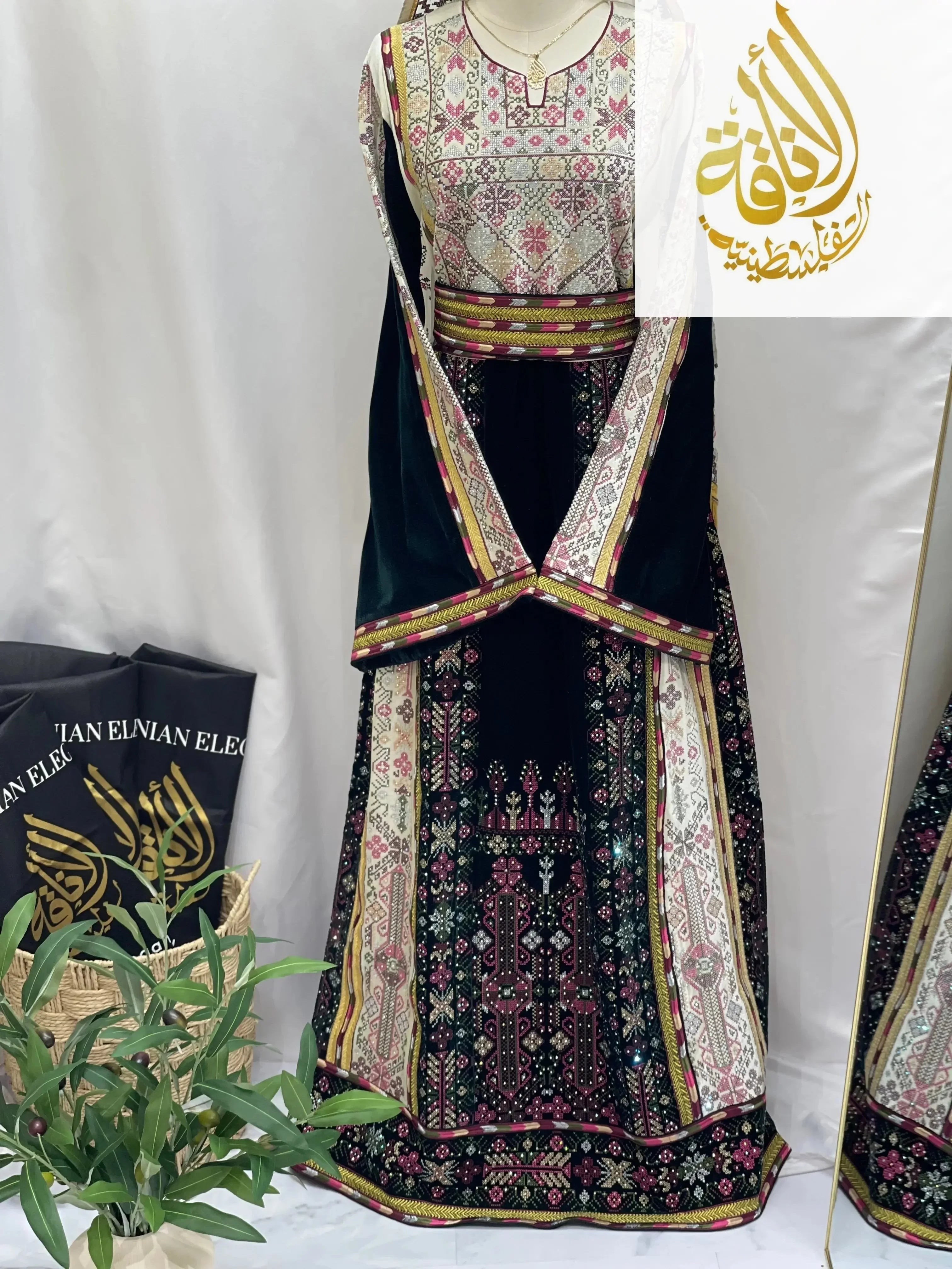 2-Color Spandex Velvet Embroidered Thoub | Elegant & Comfortable Formal Wear Palestinian Elegance