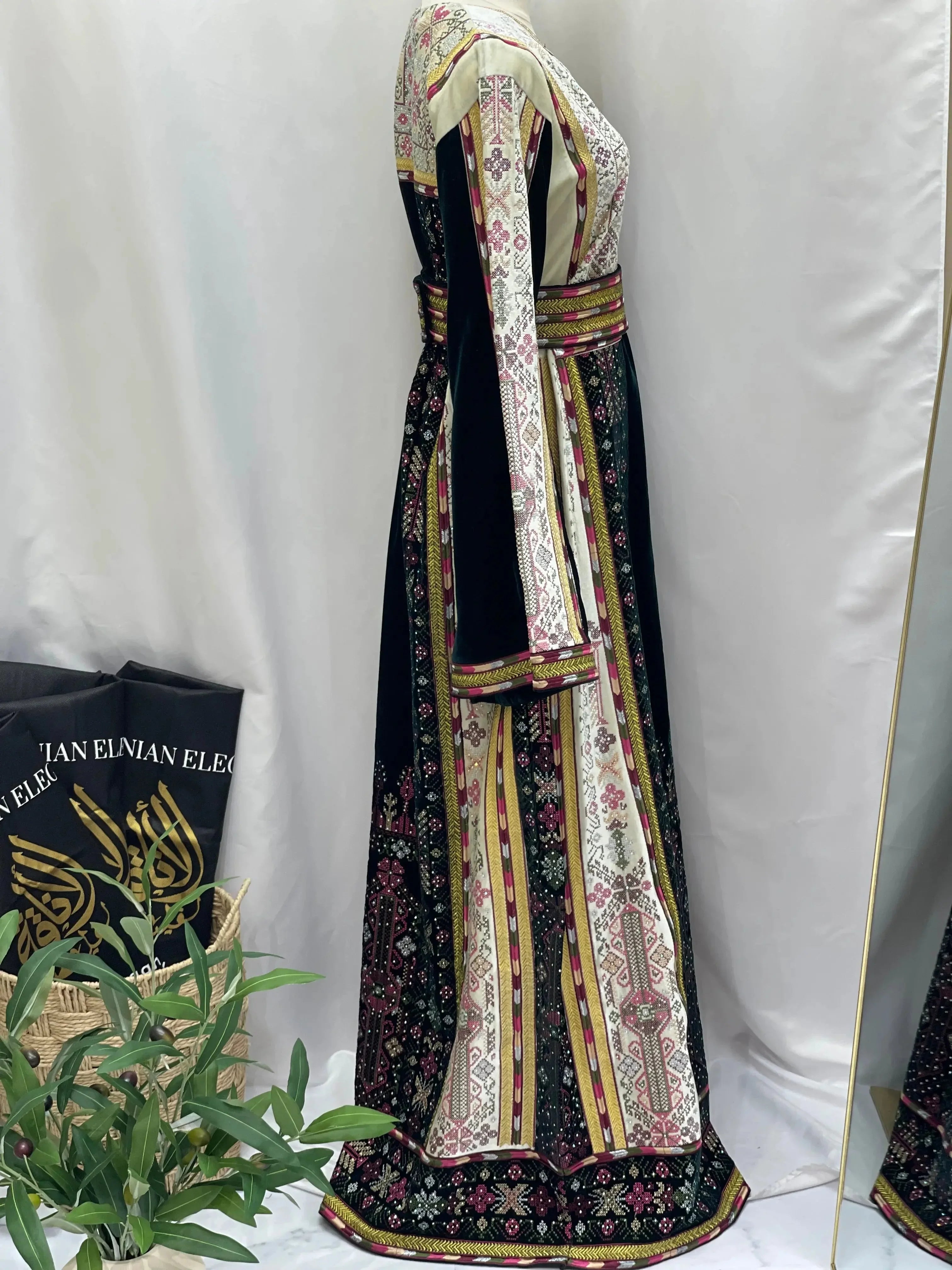 2-Color Spandex Velvet Embroidered Thoub | Elegant & Comfortable Formal Wear Palestinian Elegance