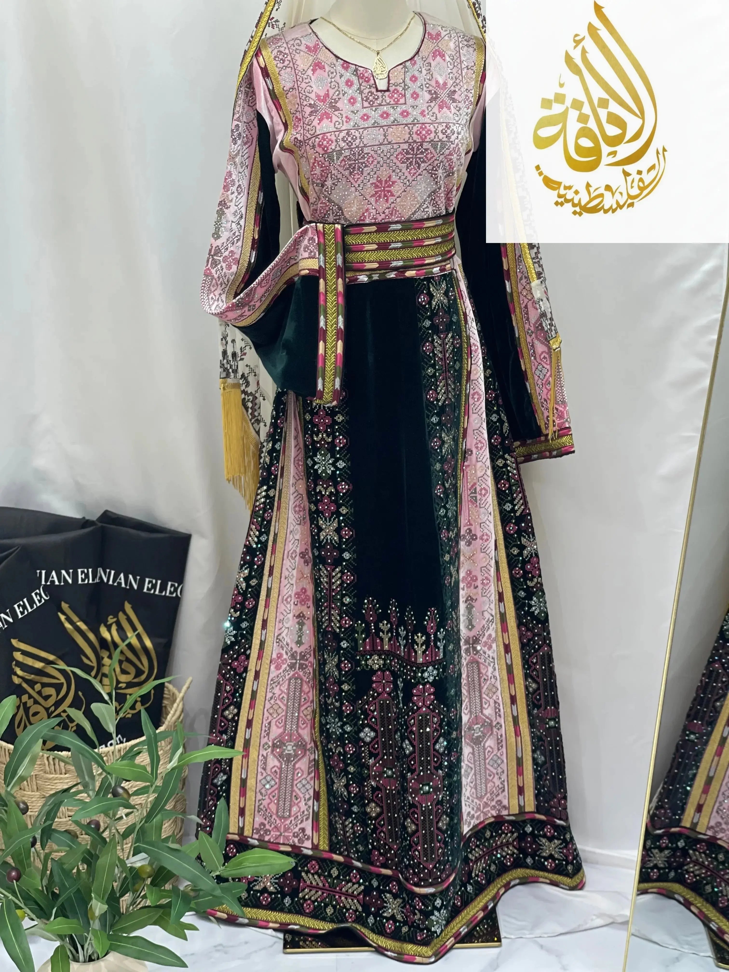 2-Color Spandex Velvet Embroidered Thoub | Elegant & Comfortable Formal Wear Palestinian Elegance