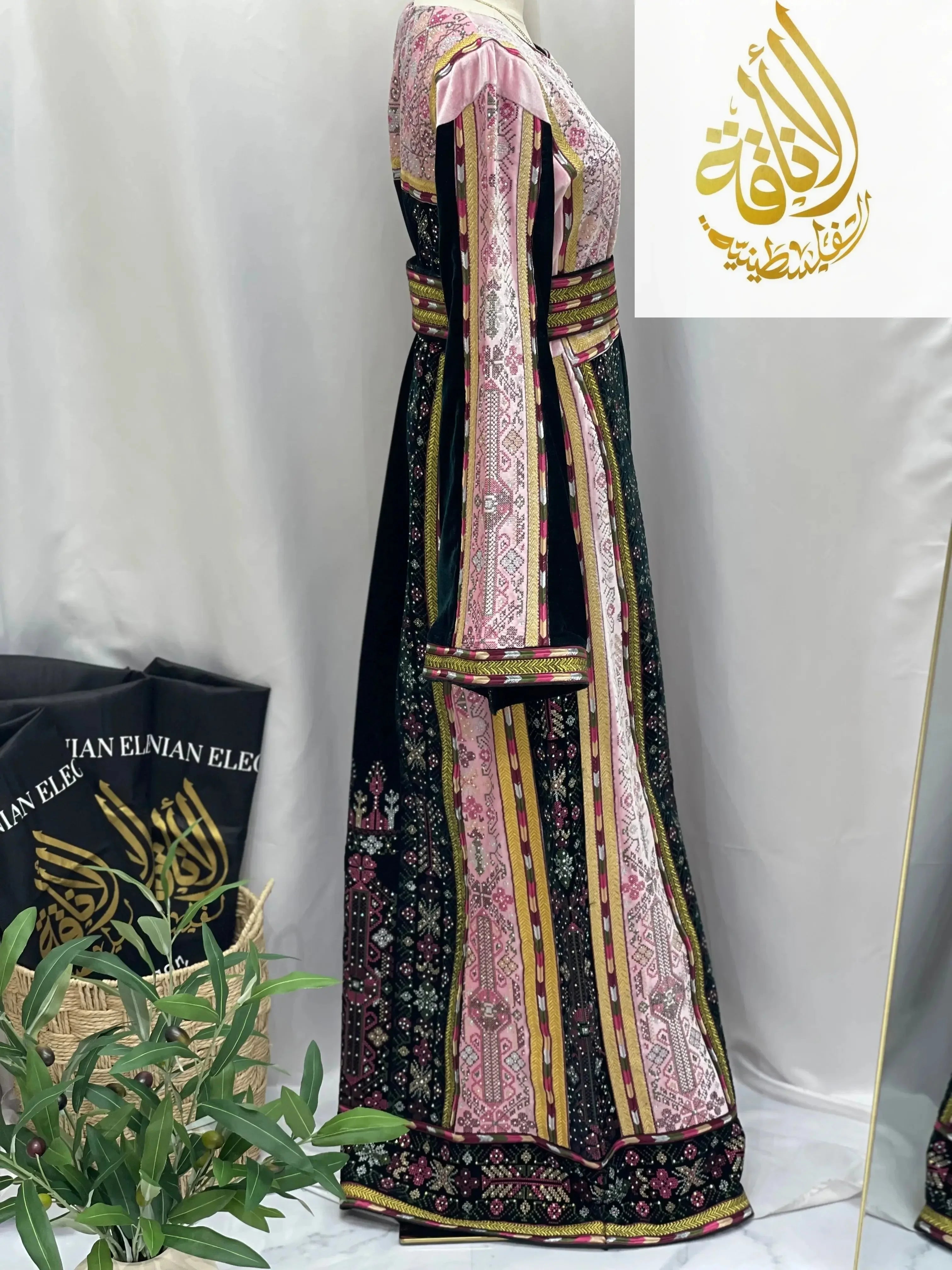 2-Color Spandex Velvet Embroidered Thoub | Elegant & Comfortable Formal Wear Palestinian Elegance