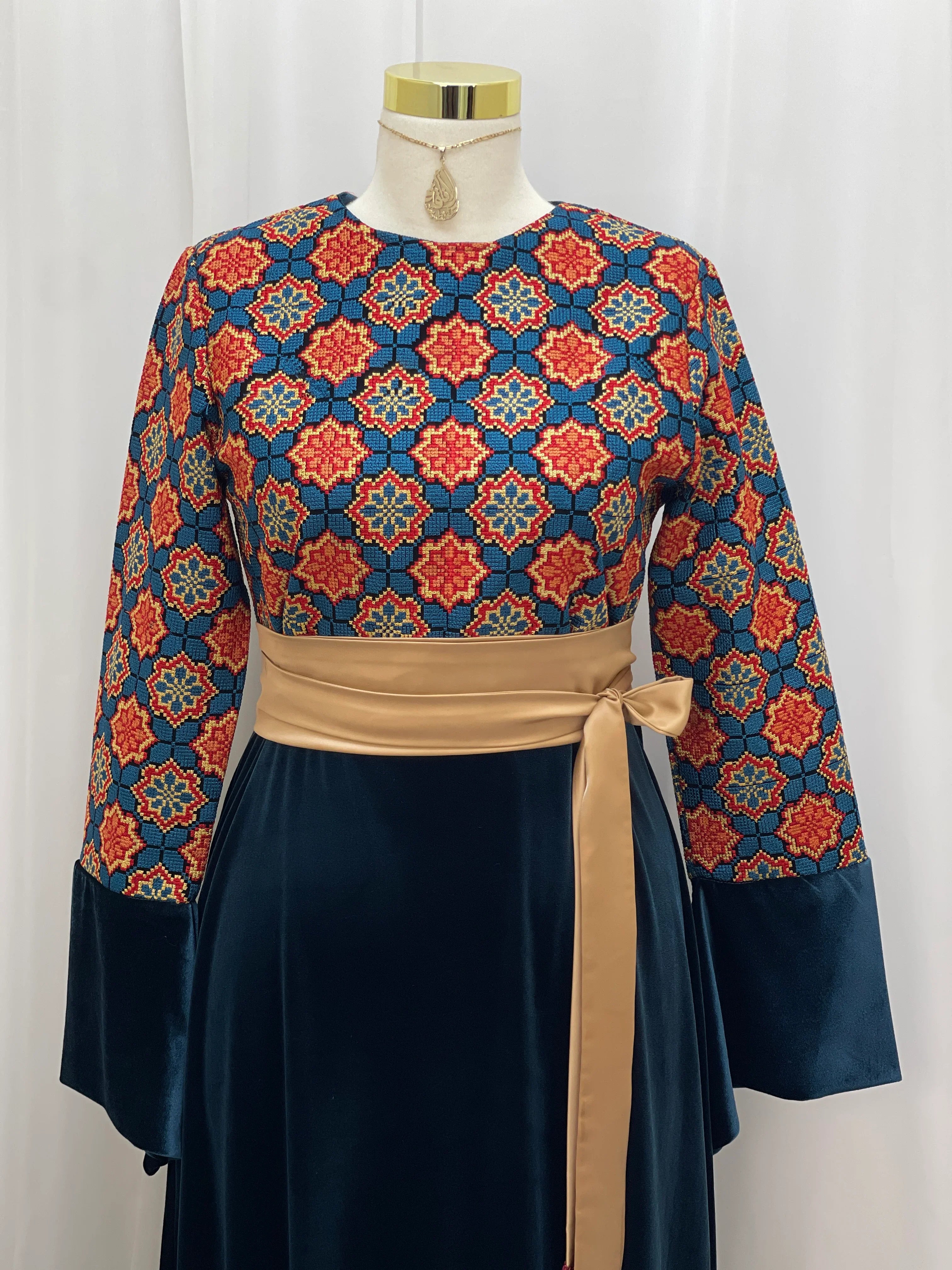 Embroidered Velvet Maxi Dress with Satin Belt