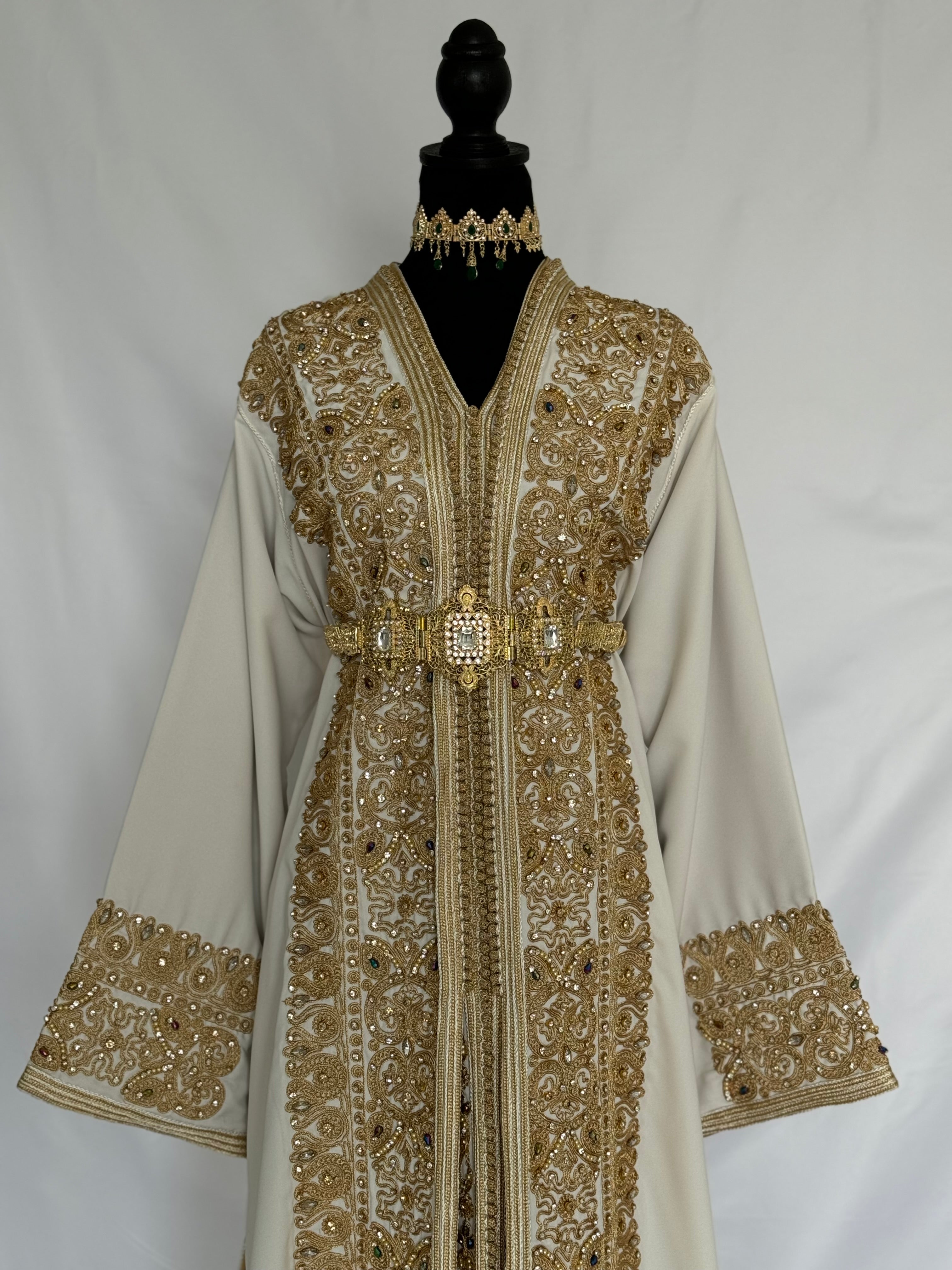 Handmade Silk Crepe Moroccan Kaftan: Gold Thread Embroidery, Belted Takchita