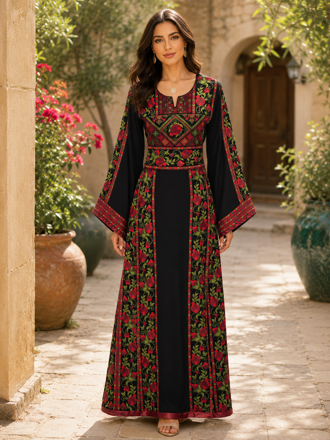 Al Romana Pomegranate Embroidered Thoub A Fashion Wear - Palestinian Elegance Al Romana Pomegranate Embroidered Thoub A Fashion Wear - Palestinian Elegance