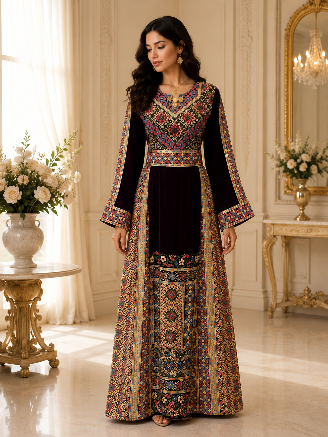 Maise Velevt Embroidered Thoub- A luxurious Palestinian Velvet Tthobe