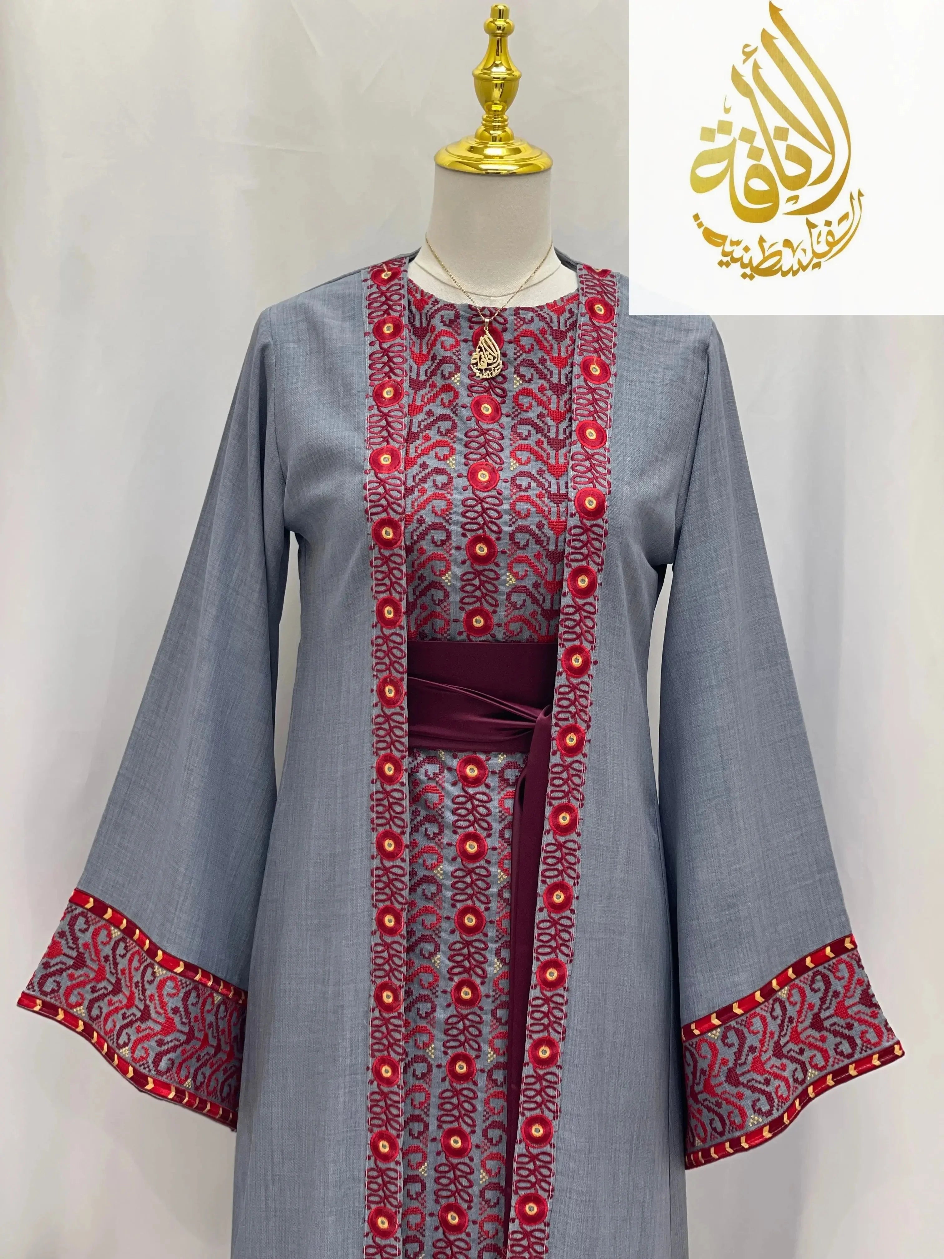 Palestinian Elegance embroidered 3-piece Ahlam modest dress outfit in gray and red with floral patterns