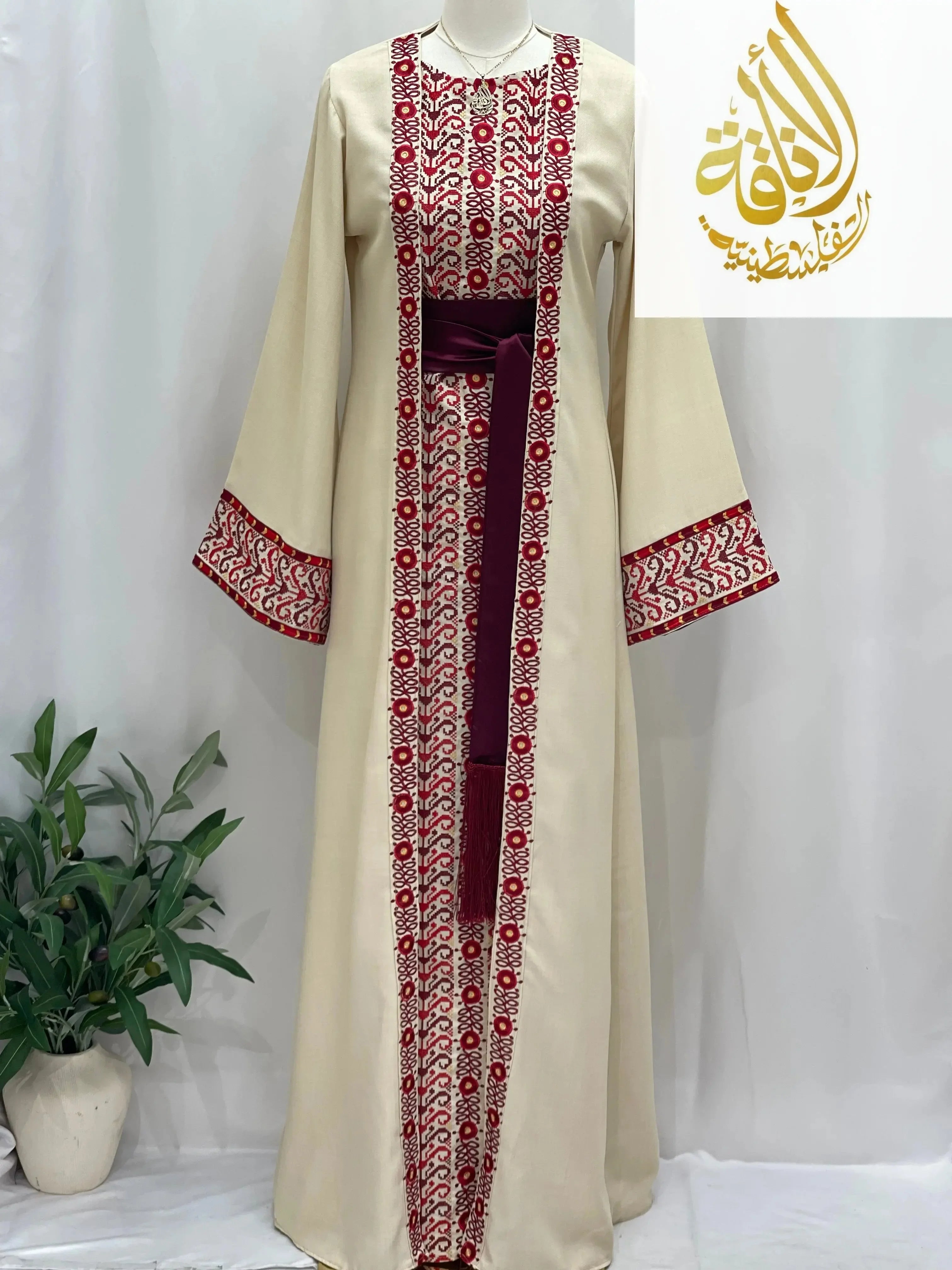 Palestinian Elegance embroidered 3-piece Ahlam modest dress outfit with red and white detailing and maroon sash