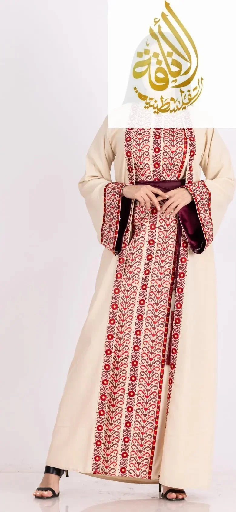Embroidered 3-piece Ahlam modest dress outfit by Palestinian Elegance with red and black traditional patterns