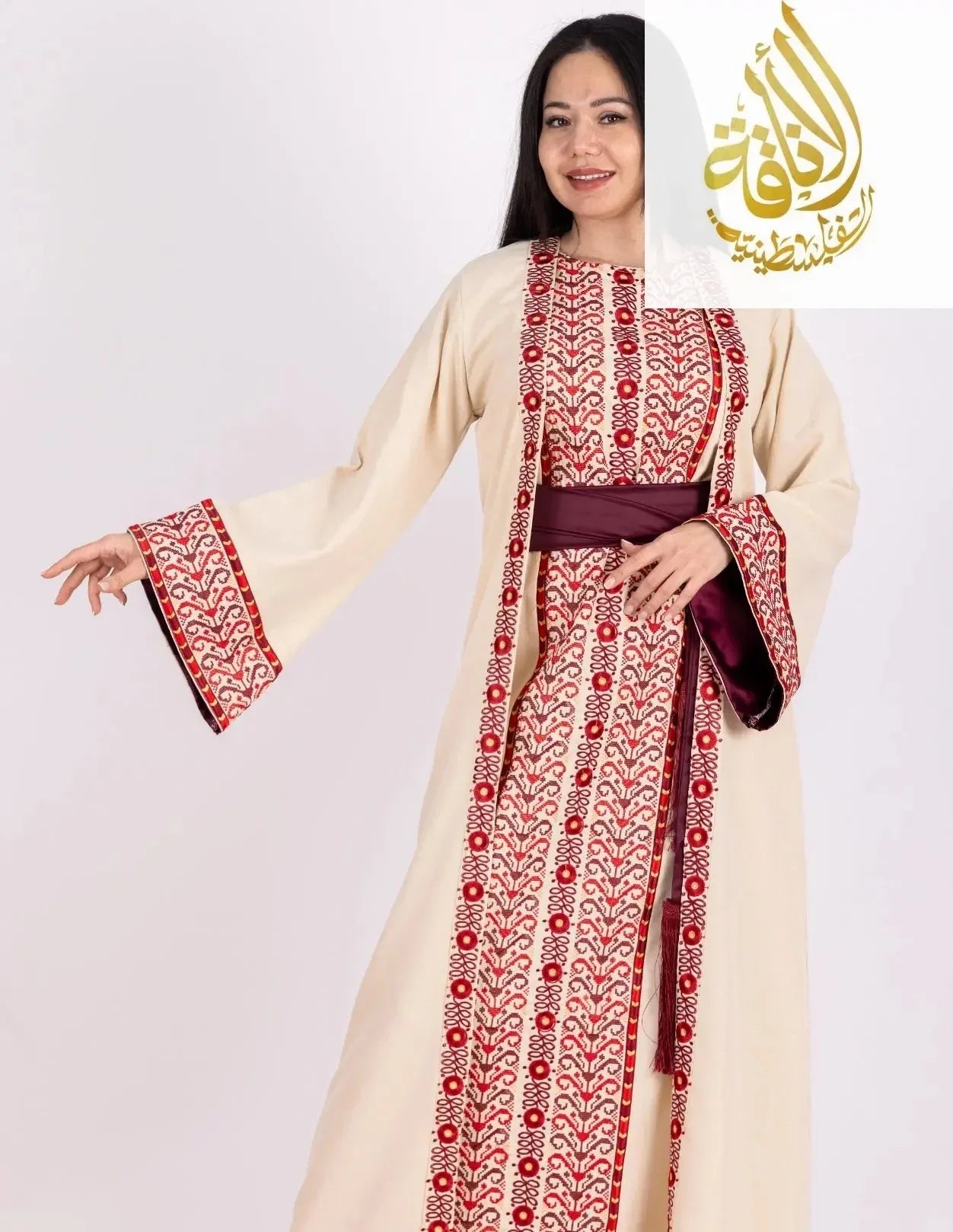 Palestinian Elegance embroidered 3-piece Ahlam modest dress outfit with red and cream patterns and wide sleeves
