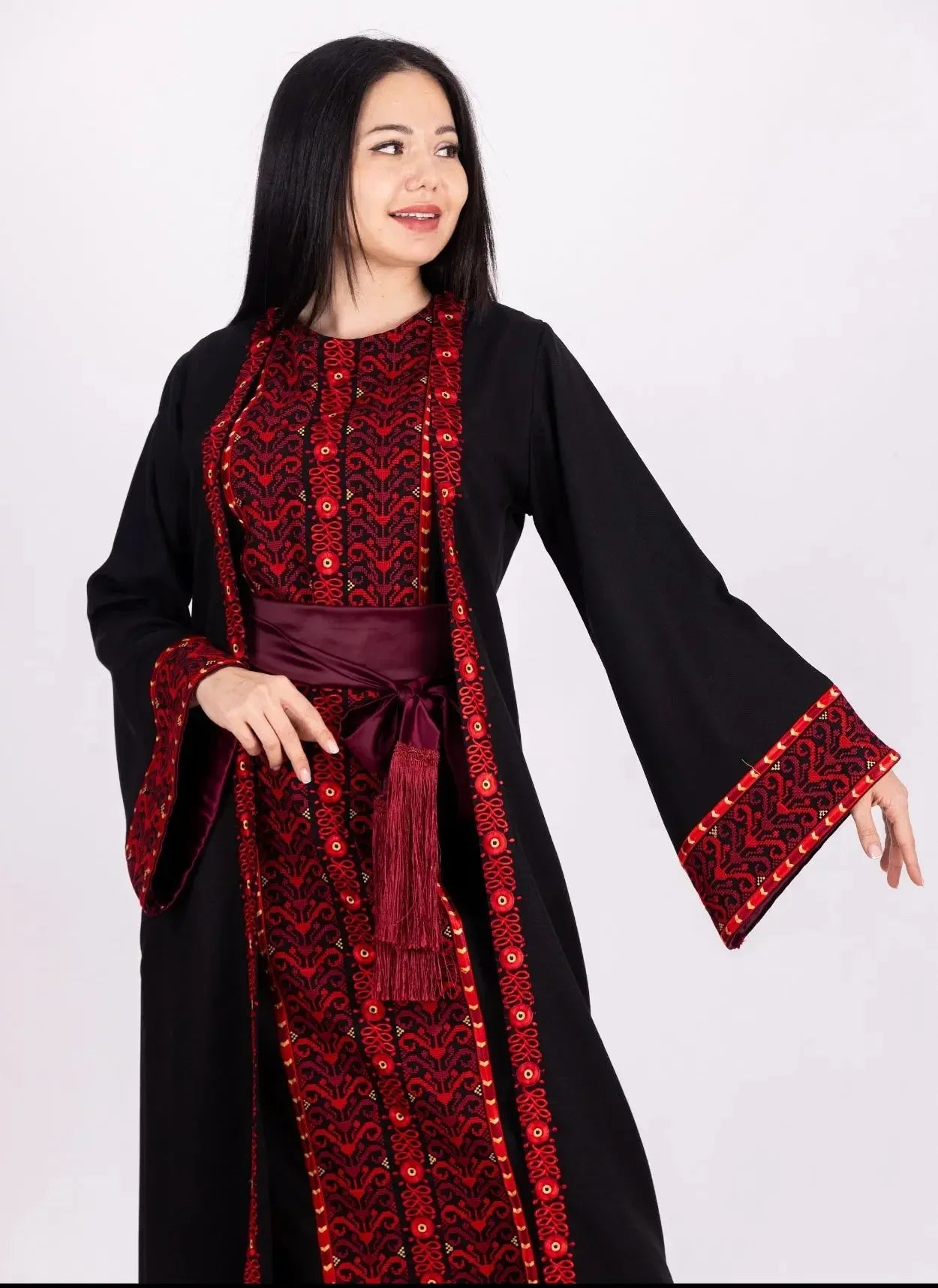 Embroidered 3-piece Ahlam modest dress outfit by Palestinian Elegance with black and red intricate patterns