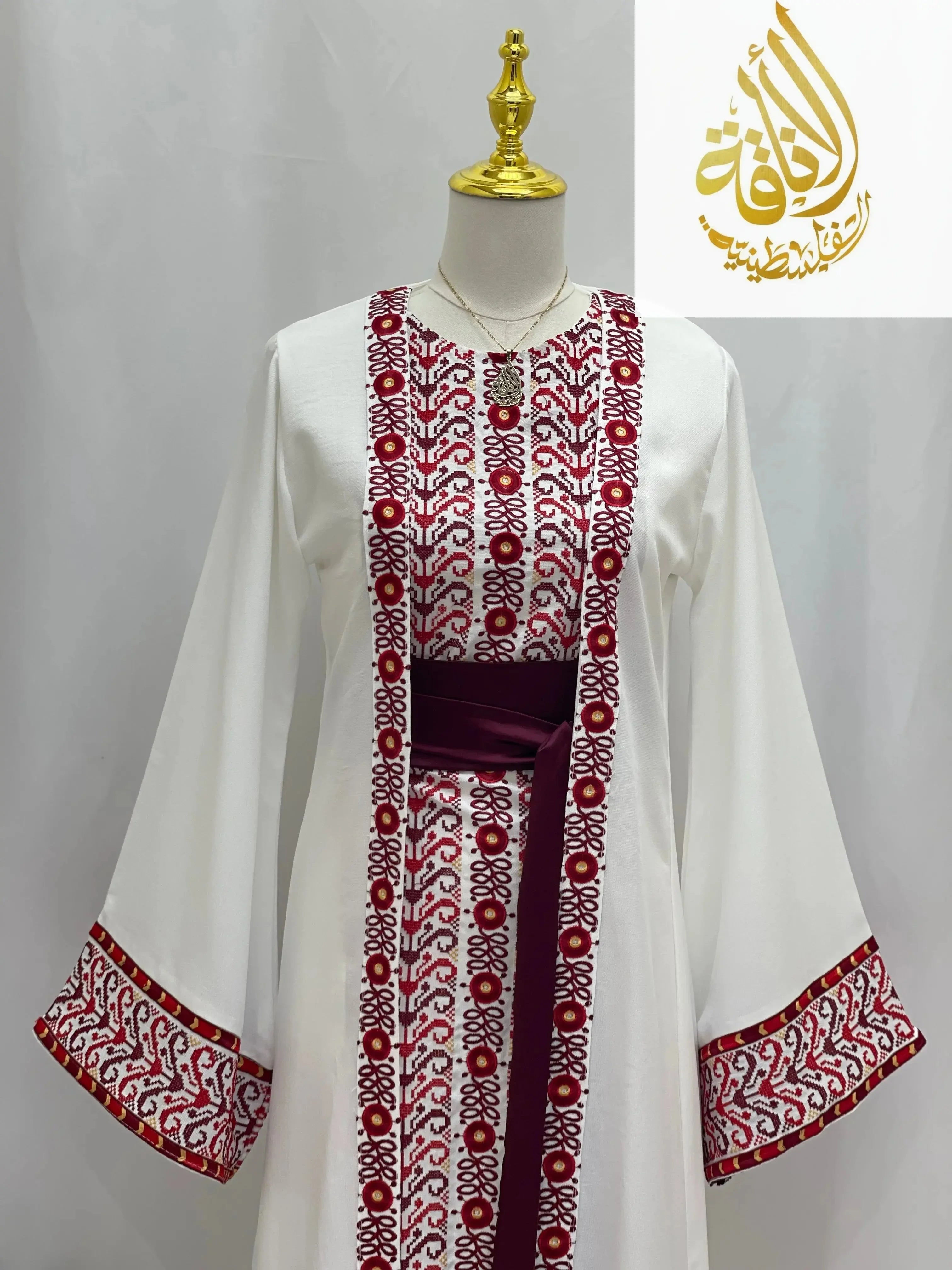 3-piece Ahlam modest dress outfit embroidered with red and maroon traditional patterns on white fabric