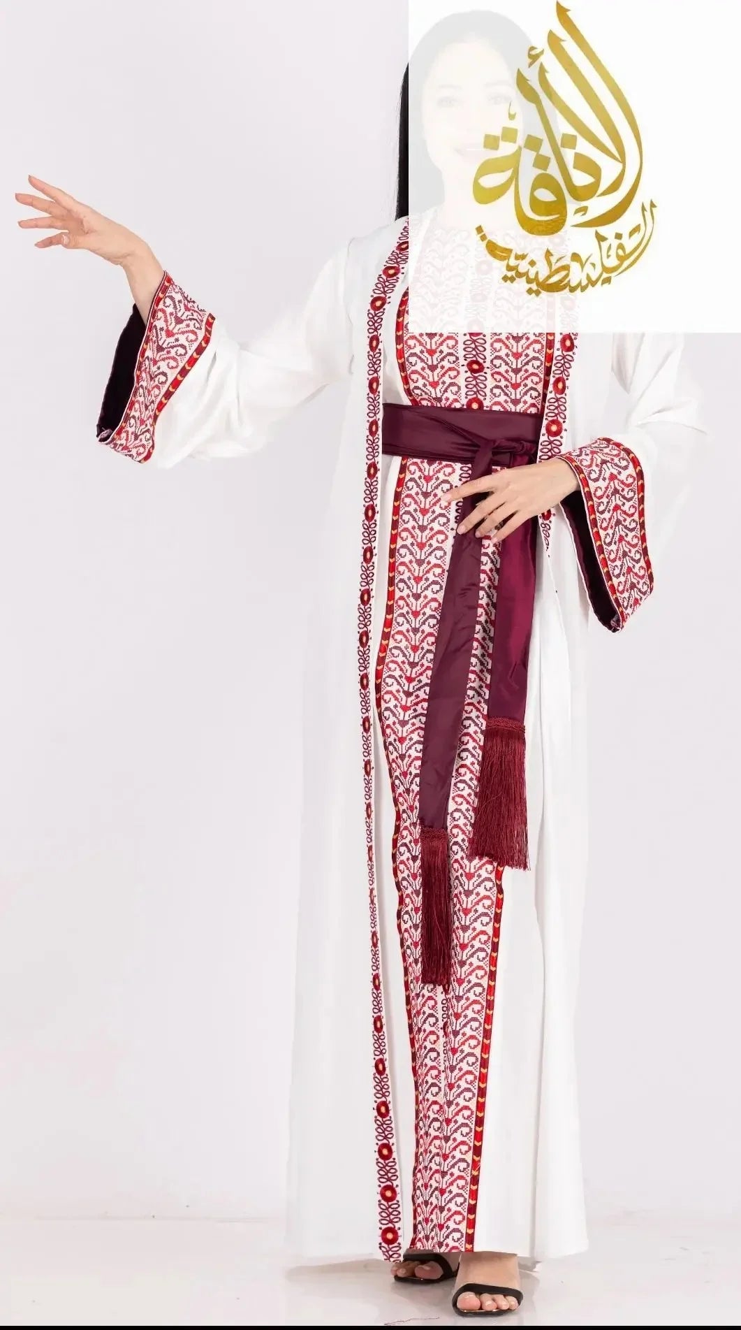 Palestinian Elegance embroidered 3-piece Ahlam modest dress outfit with white outer layer and burgundy sash